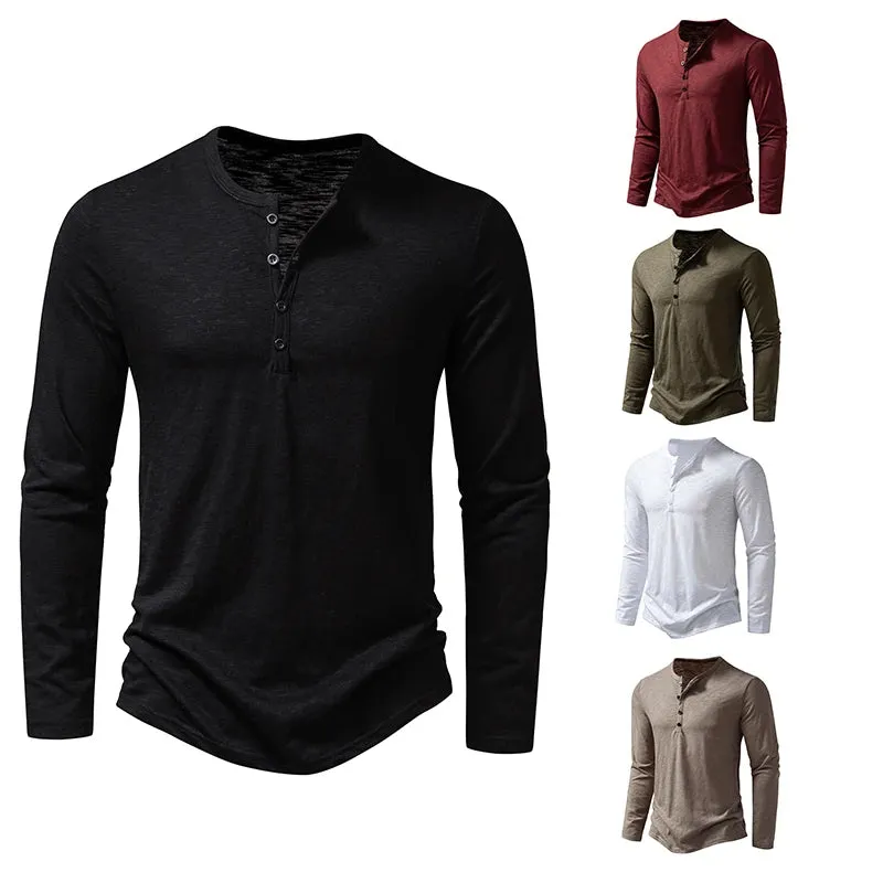 Ilooove T Shirt Men Long Sleeve New Fashion Solid Henley Neck T-shirts Spring Casual Cotton Button Cotton T Shirts Hip Hop Top Tees