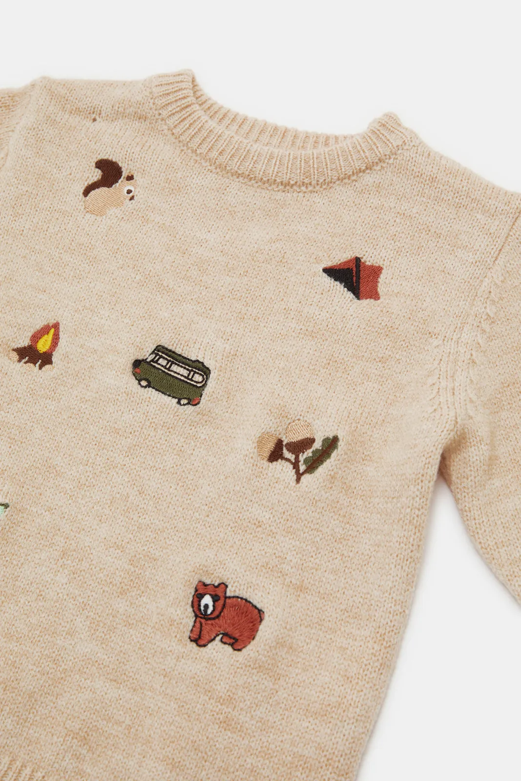 Infant Boys Beige Camping  Embroidery Pullover