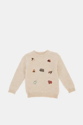 Infant Boys Beige Camping  Embroidery Pullover