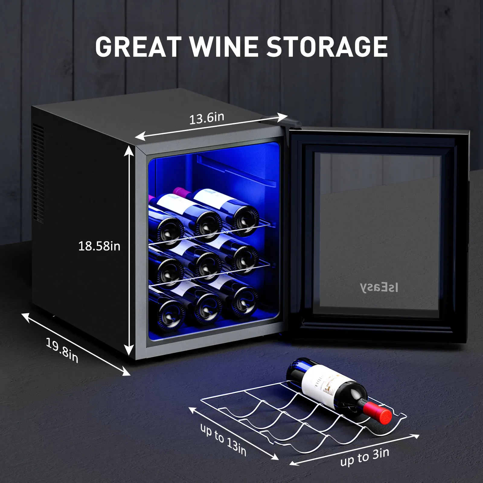 IsEasy 12-Bottle Wine Cooler Refrigerator, 46℉-66℉, Mini Wine Fridge with Double-Layer Tempered Glass Door, for Home, Kitchen, Office