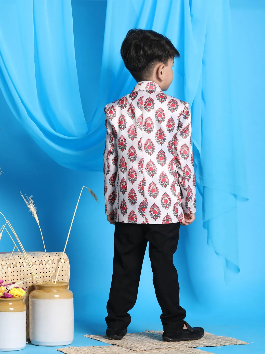 Jashvi Boy's Cream Base Multi-Color Printed Blazer