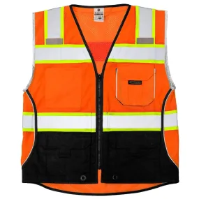 KISHIGO - 100% polyester mesh heavy duty black bottom, Zipper front closure, 2" wide reflective material with 3" breathable contrasting color, Reflective trim around arms and piping down sides, Left and right chest mic tabs, Orange