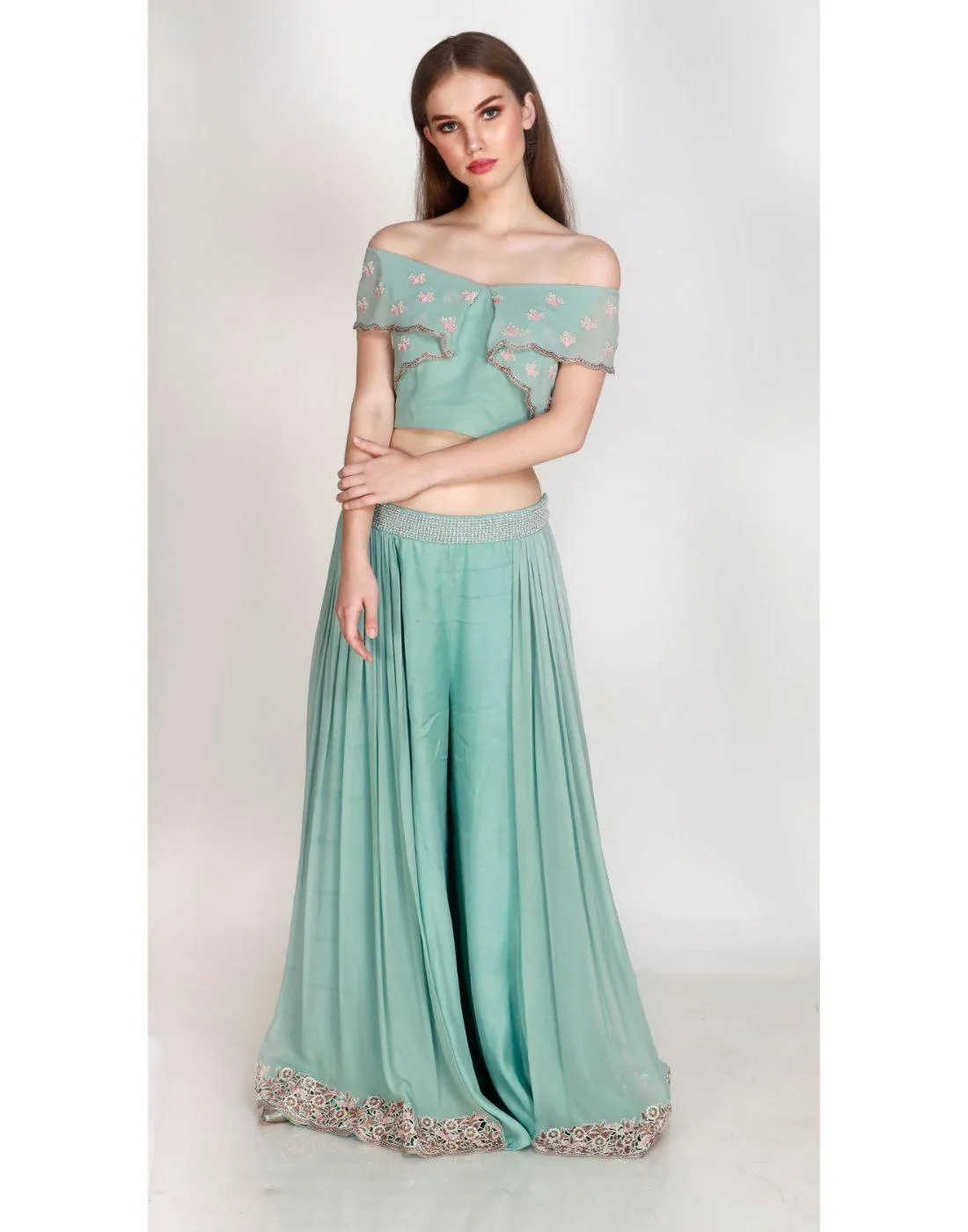 Label Nayna Kapoor's Rent Pastel Green Flared Crop Top With Side Pleated Palazzo