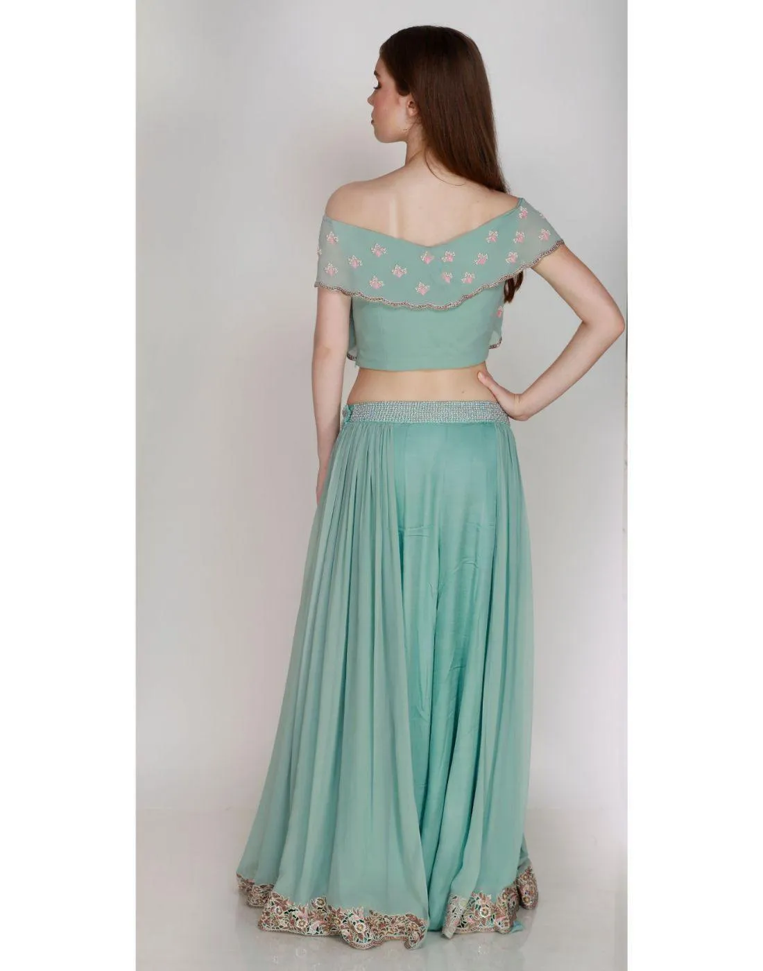 Label Nayna Kapoor's Rent Pastel Green Flared Crop Top With Side Pleated Palazzo