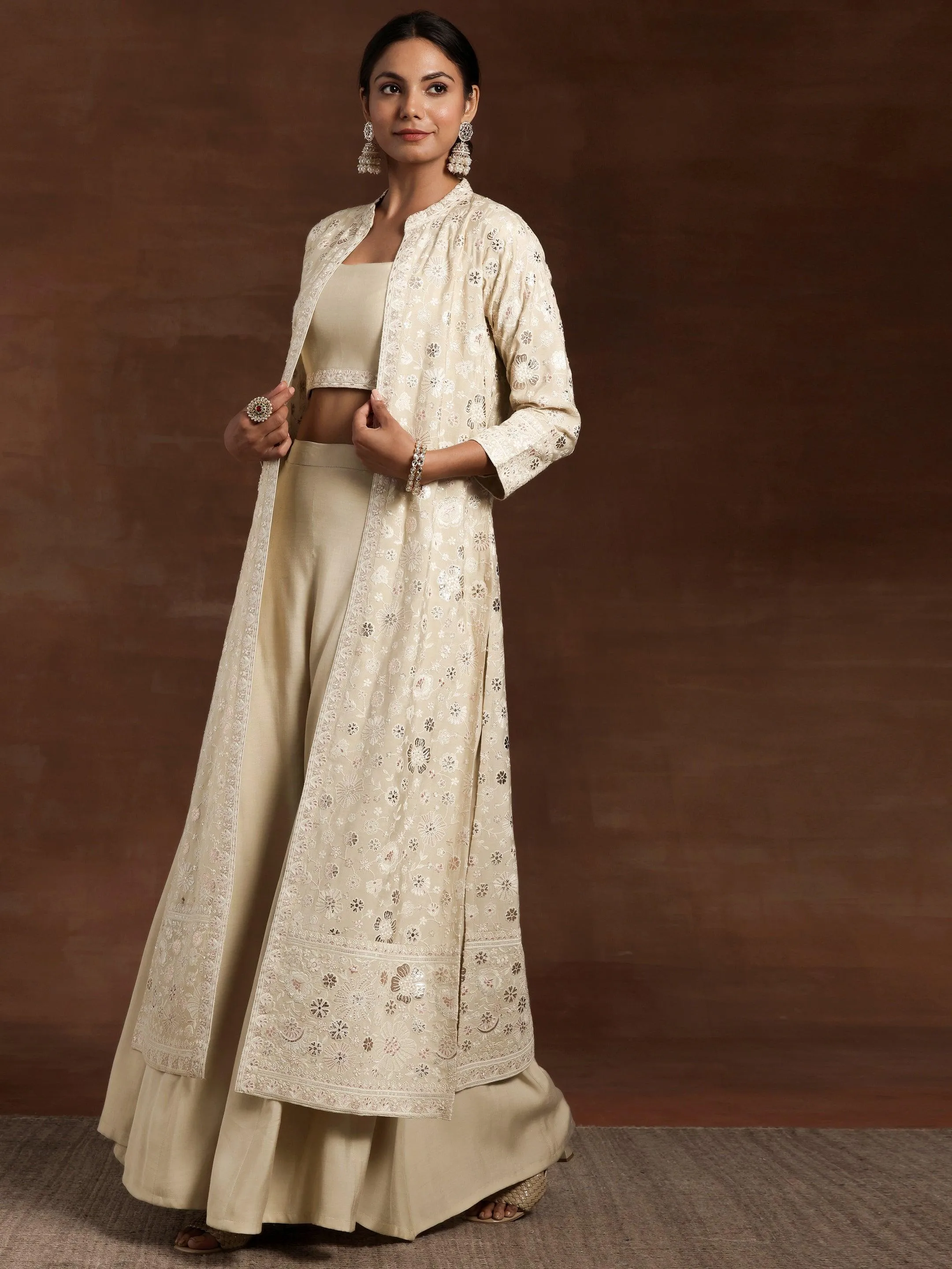 Libas Art Beige Solid Silk Blend 3 Piece Co-Ords