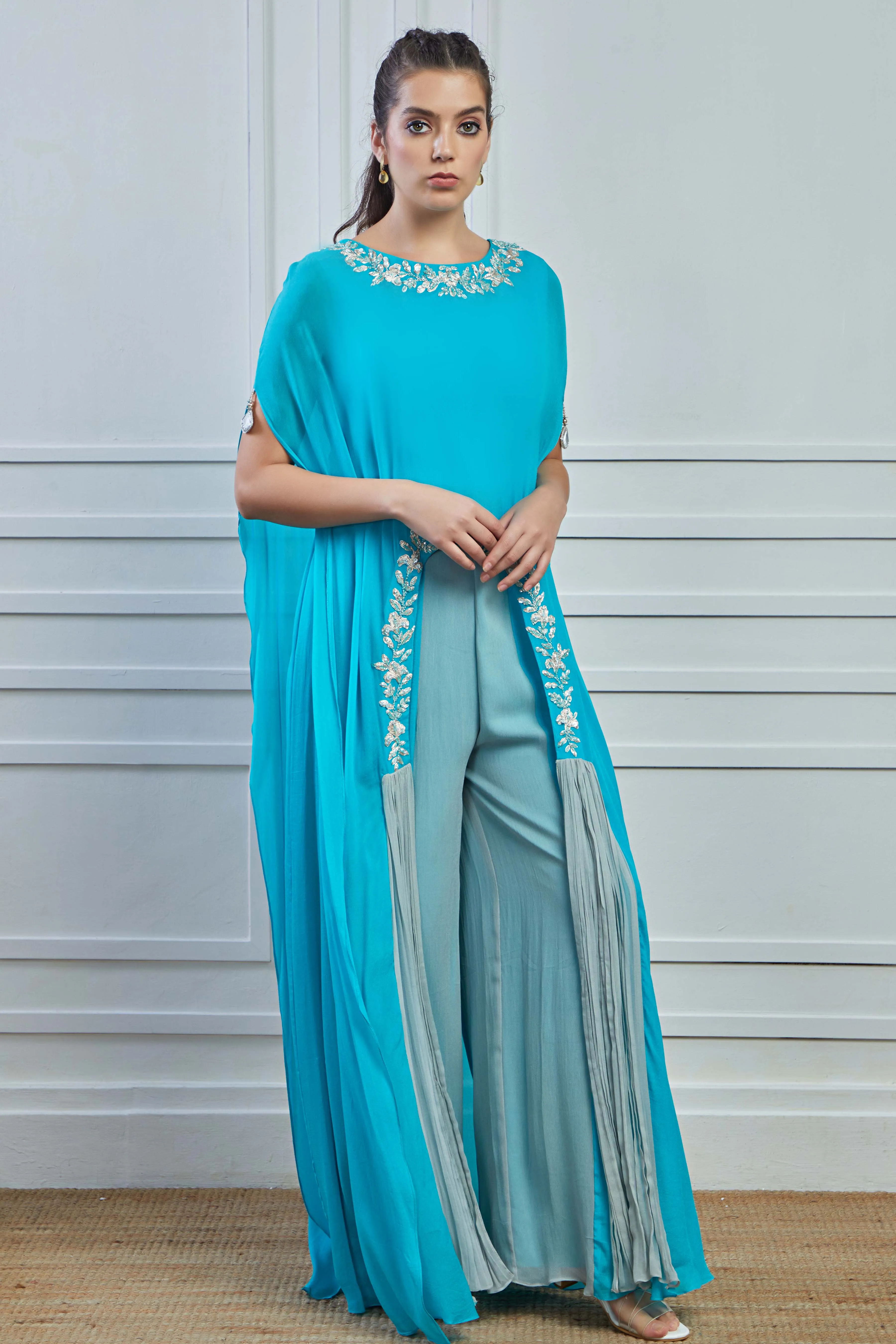 Light Blue Embellished Crepe Silk Kaftan Palazzo Set