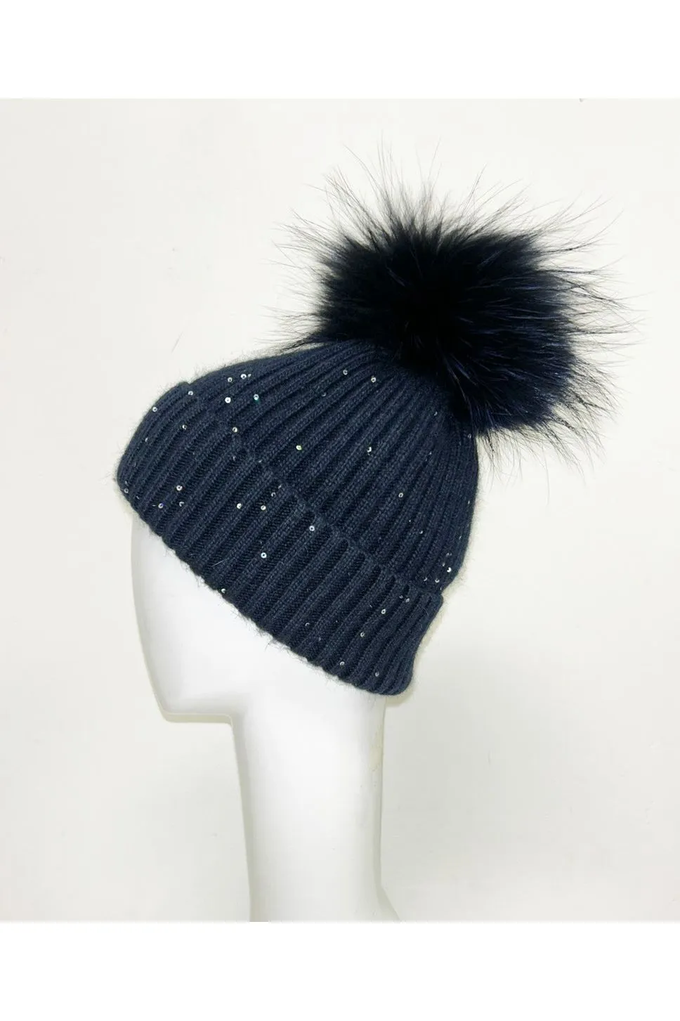 Linda Richards Wool Pom-pom Hat With Sequins HA-62SEQ | Navy