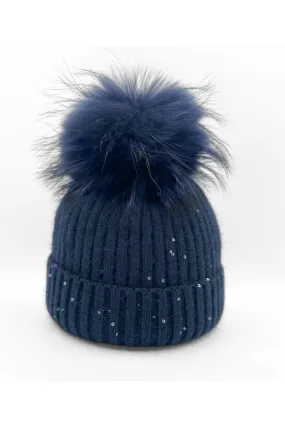 Linda Richards Wool Pom-pom Hat With Sequins HA-62SEQ | Navy