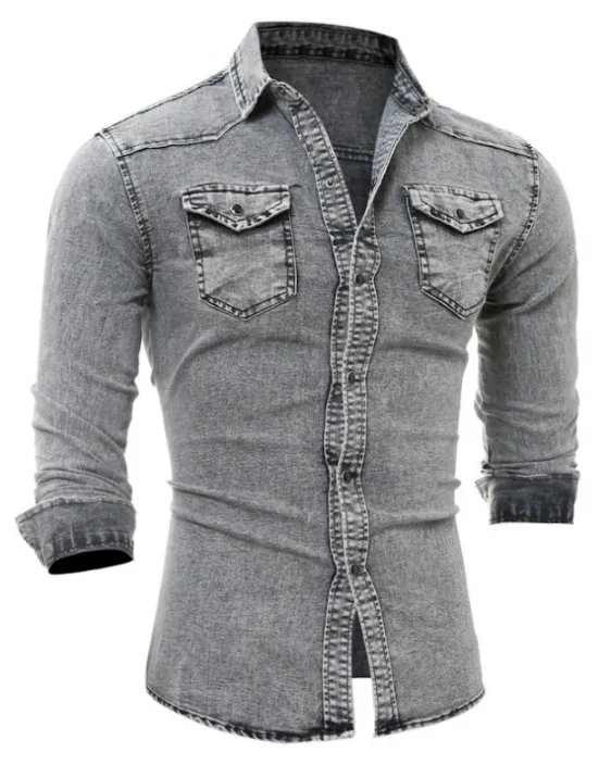 Long Sleeve Pure Cotton Designer Shirt for Men Denim Blue Slim Fit Chest Pocket