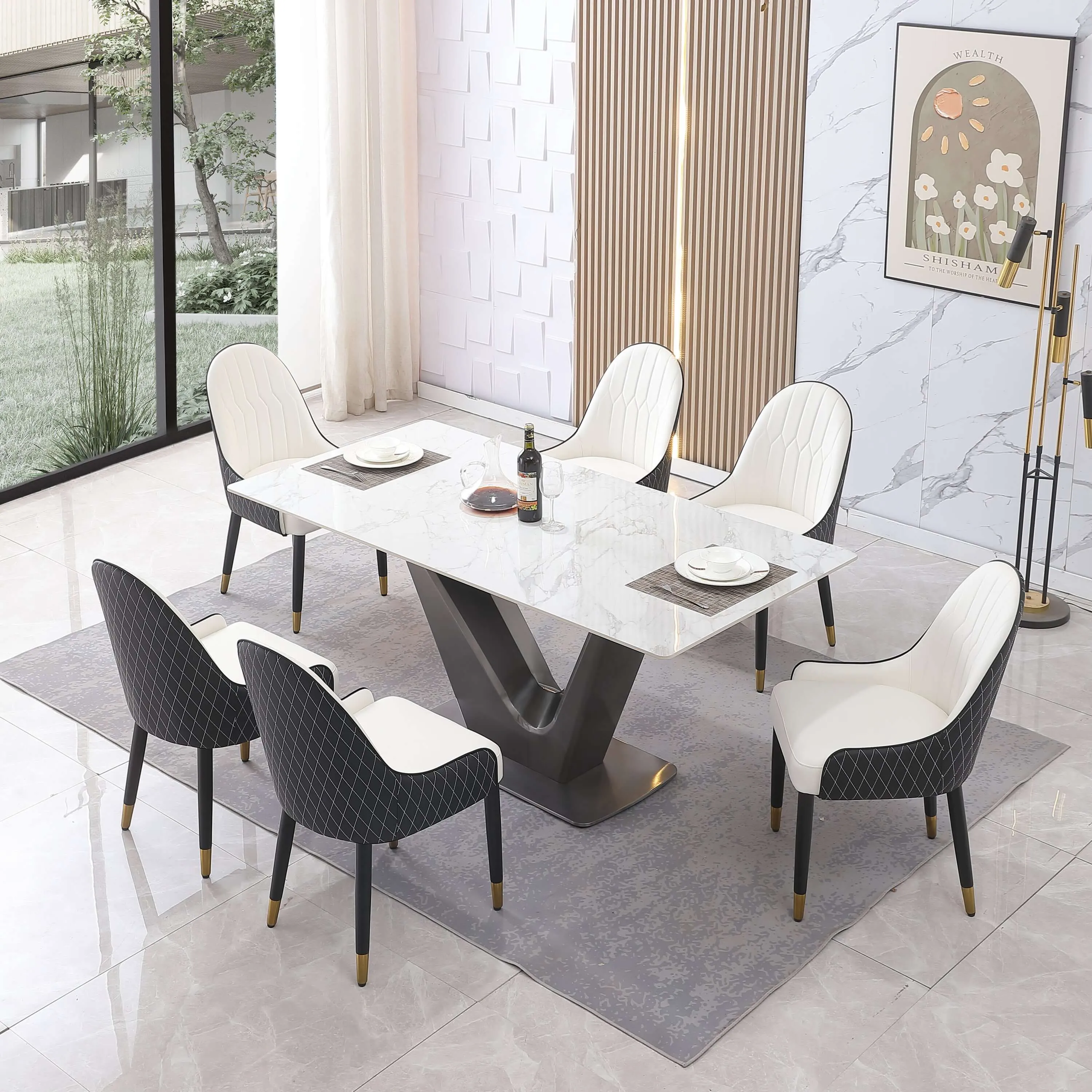 Luxurious V shape 71in Sintered Stone Dining Table Metal Leg
