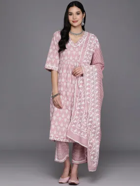 Mauve Printed Cotton A-Line Kurta With Dupatta