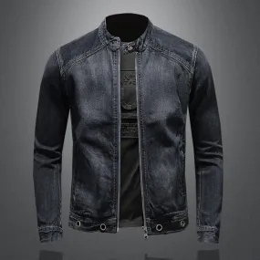 Men's Band Collar Dark Blue Denim Shacket