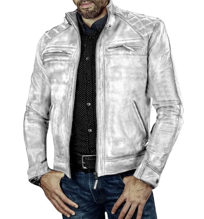 Mens White Biker Vintage Cafe Racer Genuine Leather Jacket