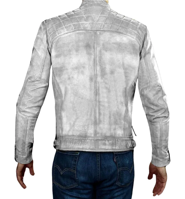 Mens White Biker Vintage Cafe Racer Genuine Leather Jacket