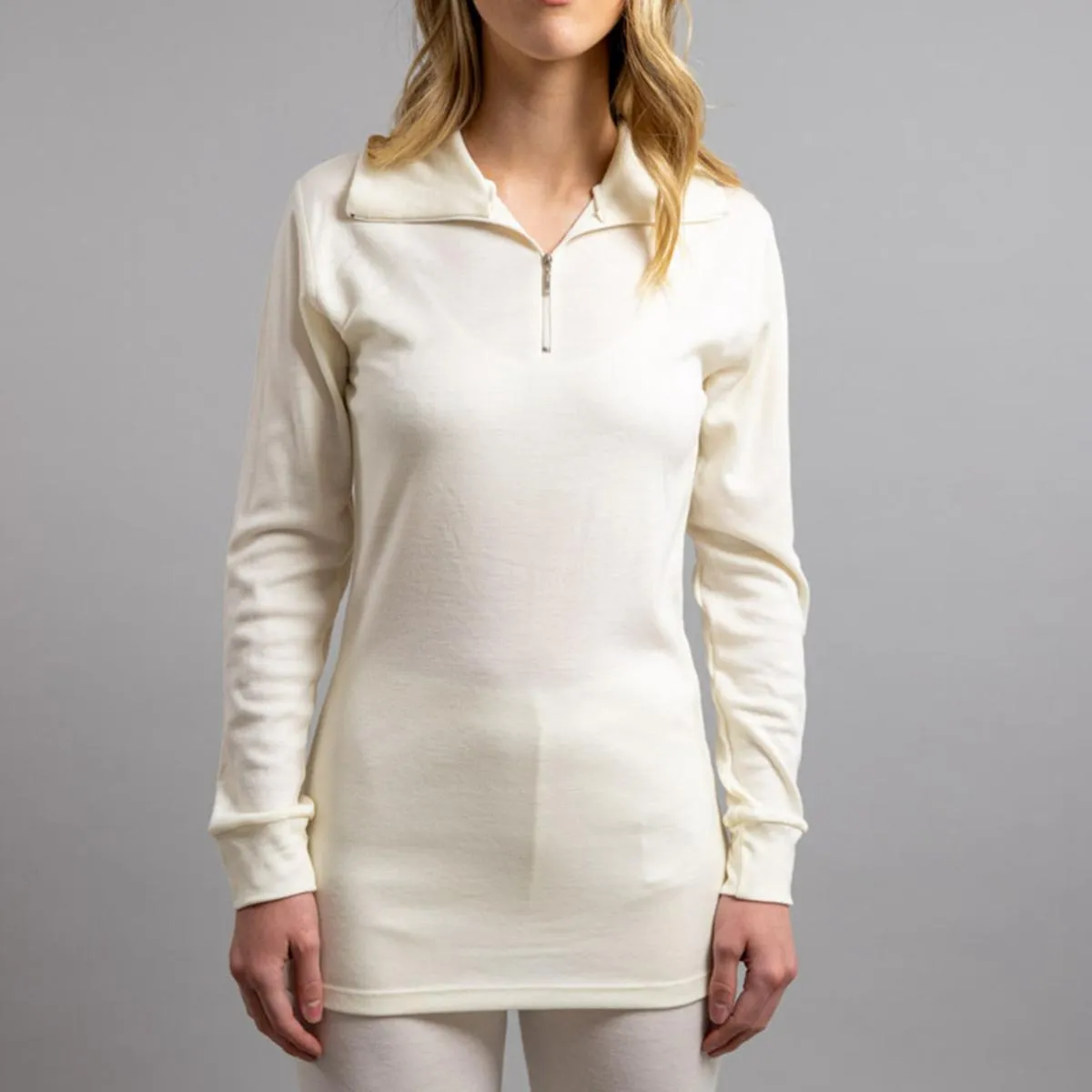 Merino Skins Unisex Long Sleeve Half Zip Front - White