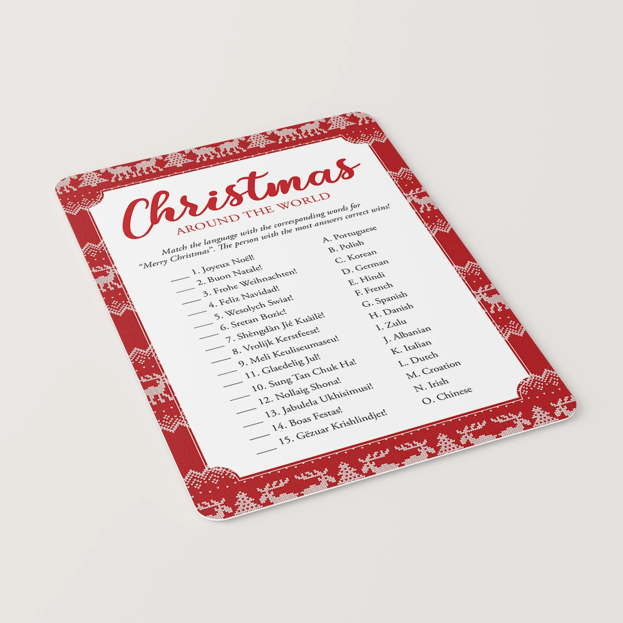 Merry Christmas In Different Languages Quiz with Answers Printable