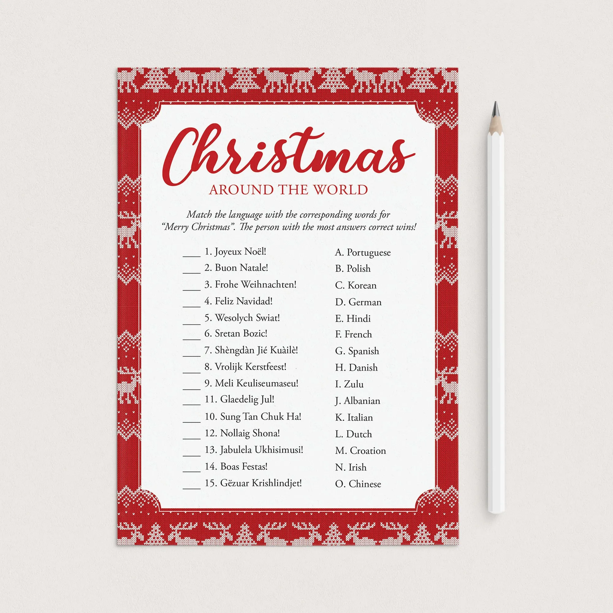 Merry Christmas In Different Languages Quiz with Answers Printable