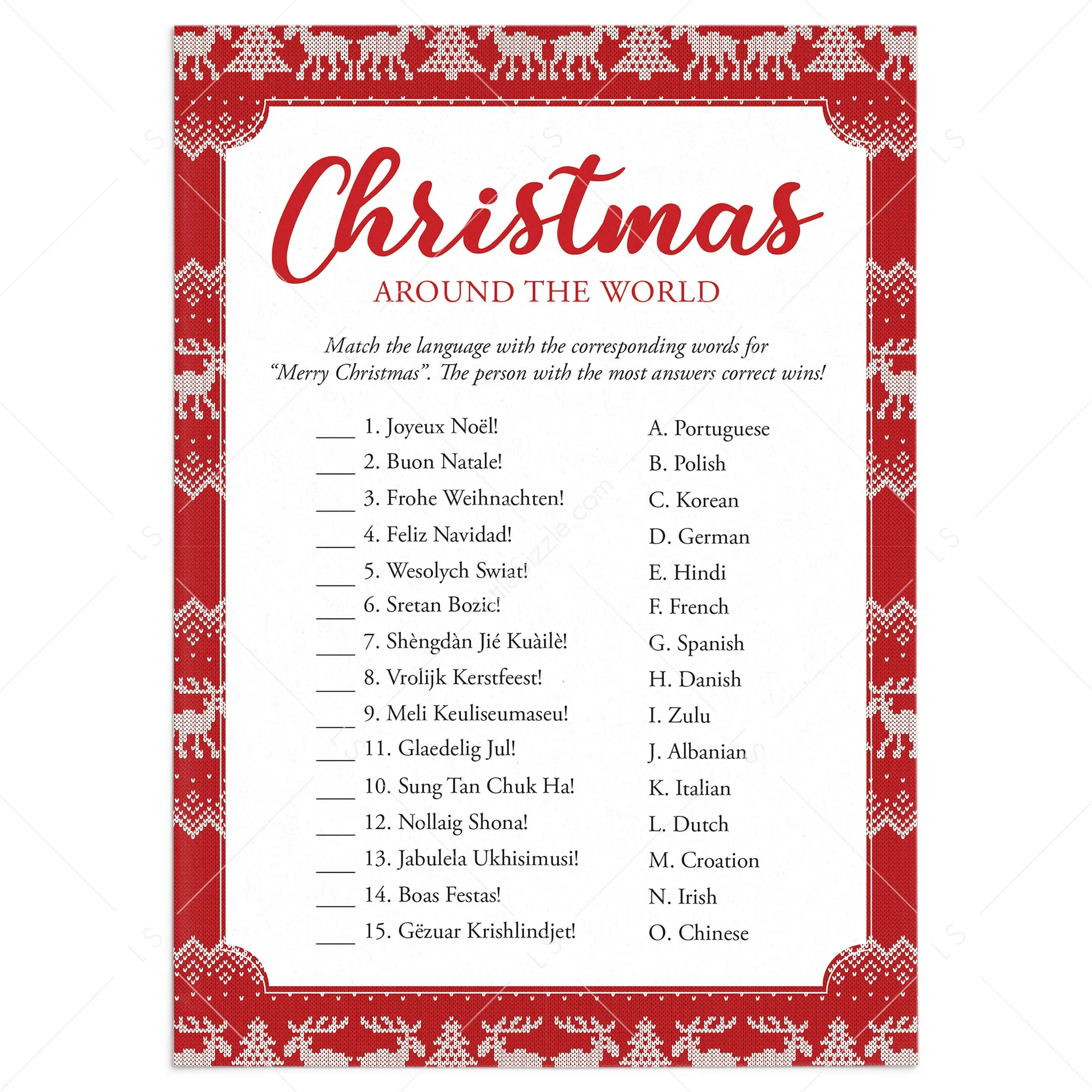 Merry Christmas In Different Languages Quiz with Answers Printable