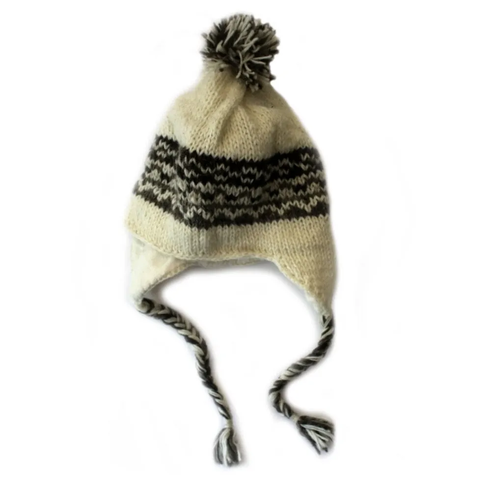 mix-knit ear flap bobble hat