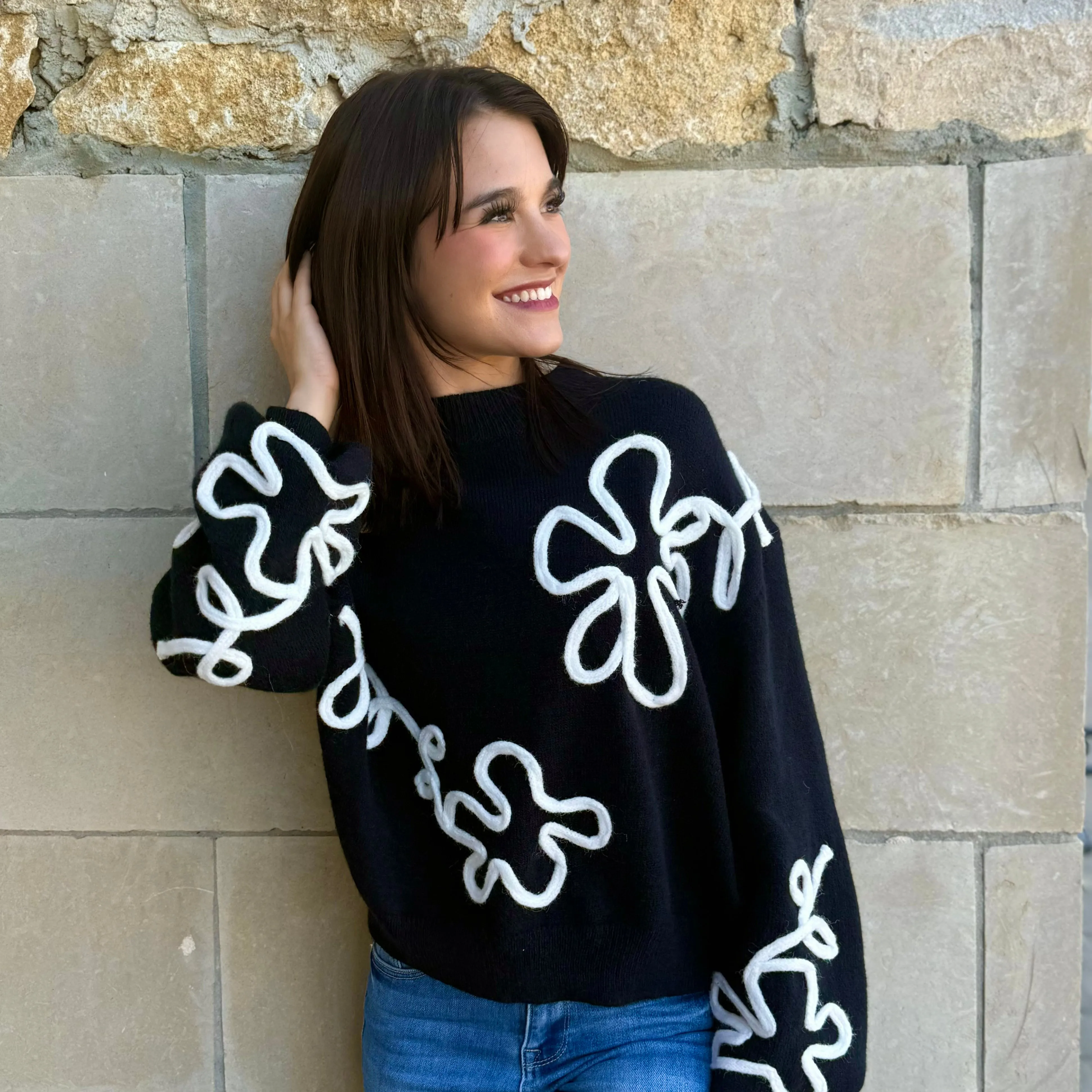 Monica Floral Outline Mock Neck Sweater