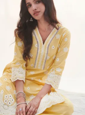 Mulmul Cotton Calvim Yellow Kurta With Mulmul Cotton Calvim Yellow Pant