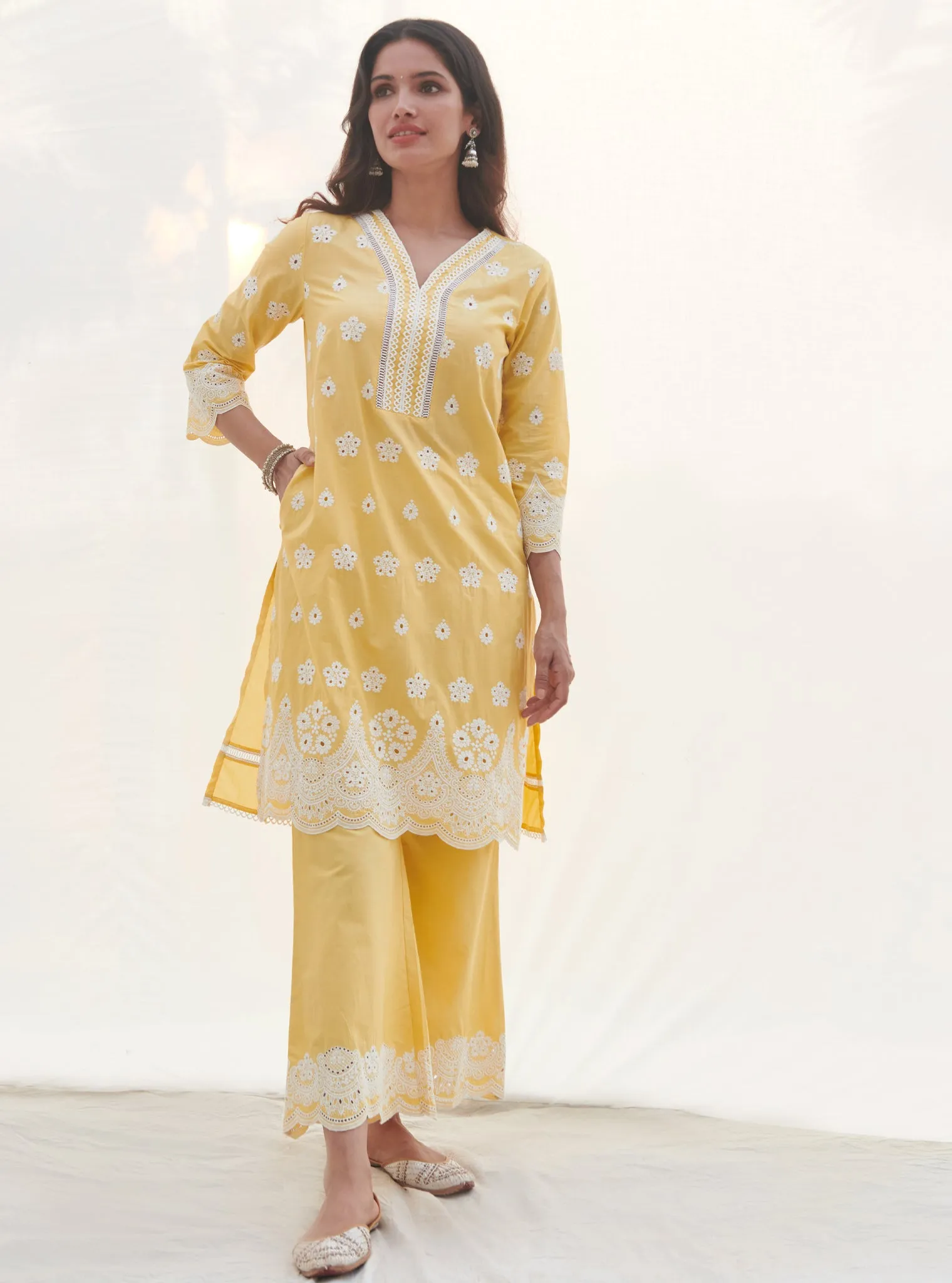 Mulmul Cotton Calvim Yellow Kurta With Mulmul Cotton Calvim Yellow Pant