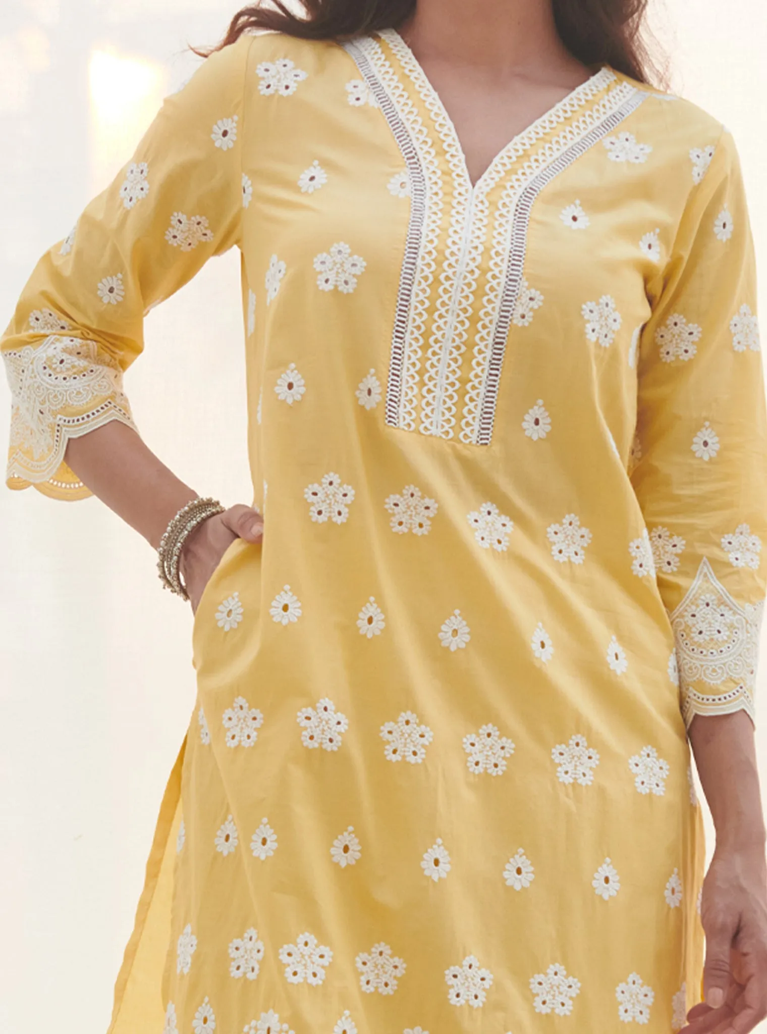 Mulmul Cotton Calvim Yellow Kurta With Mulmul Cotton Calvim Yellow Pant