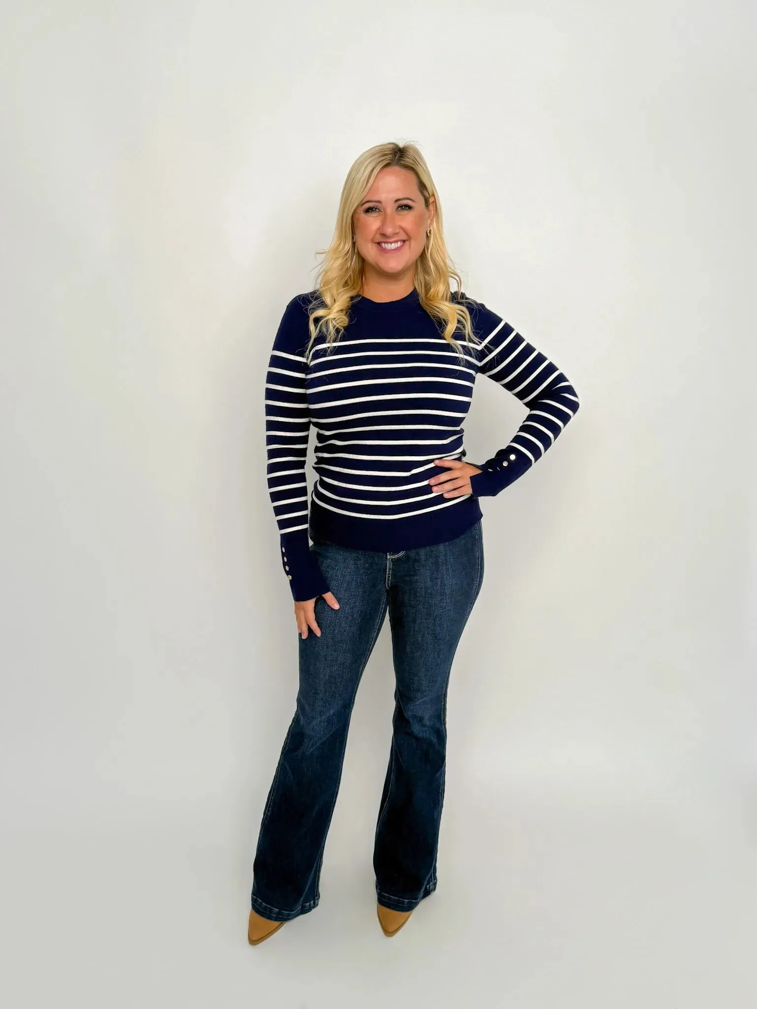 Navy & White Striped Button Cuff Sweater