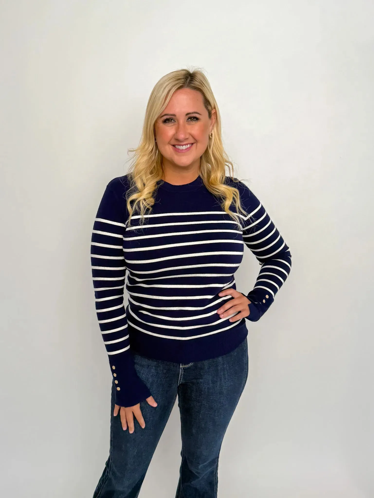 Navy & White Striped Button Cuff Sweater