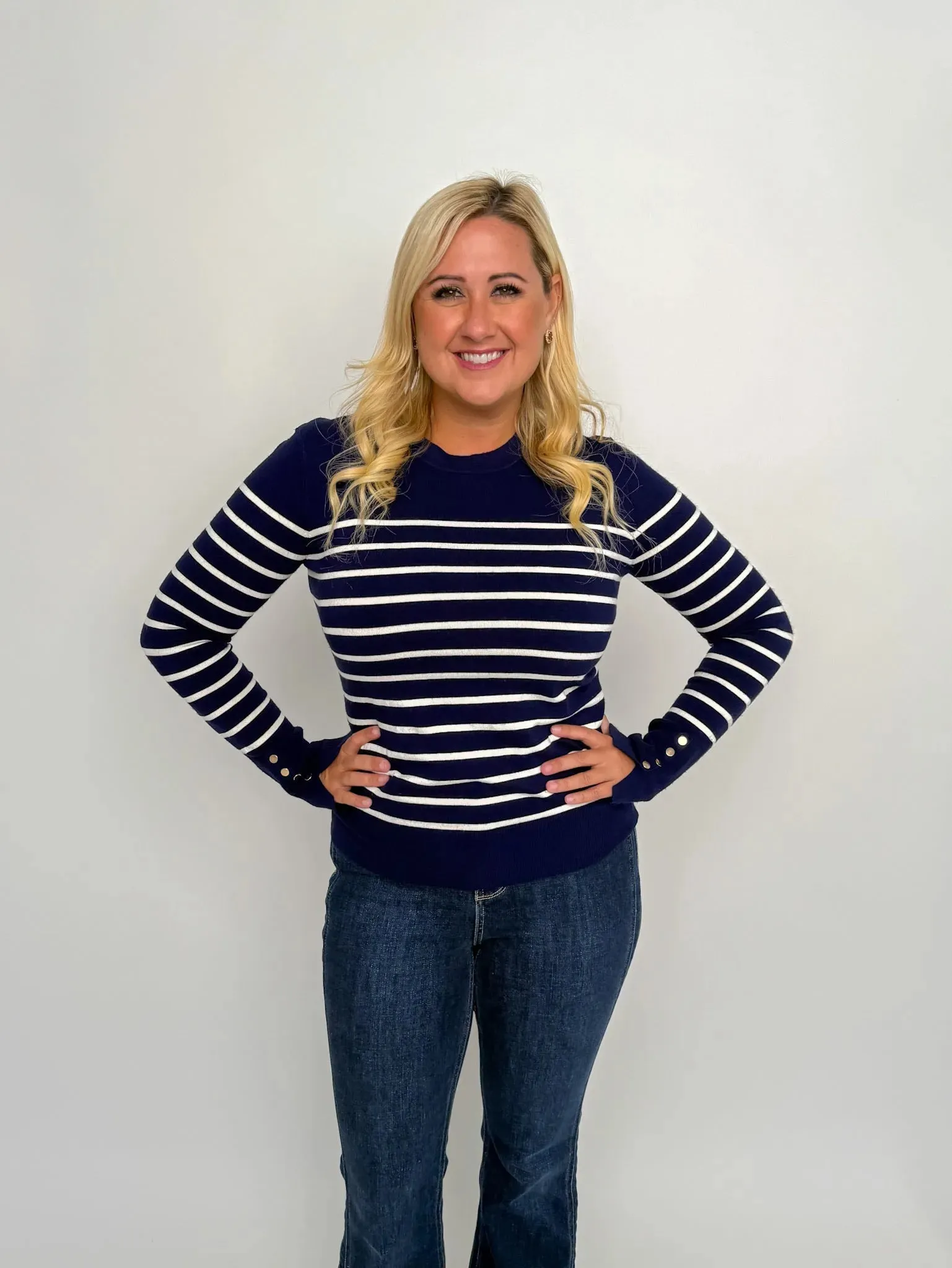 Navy & White Striped Button Cuff Sweater