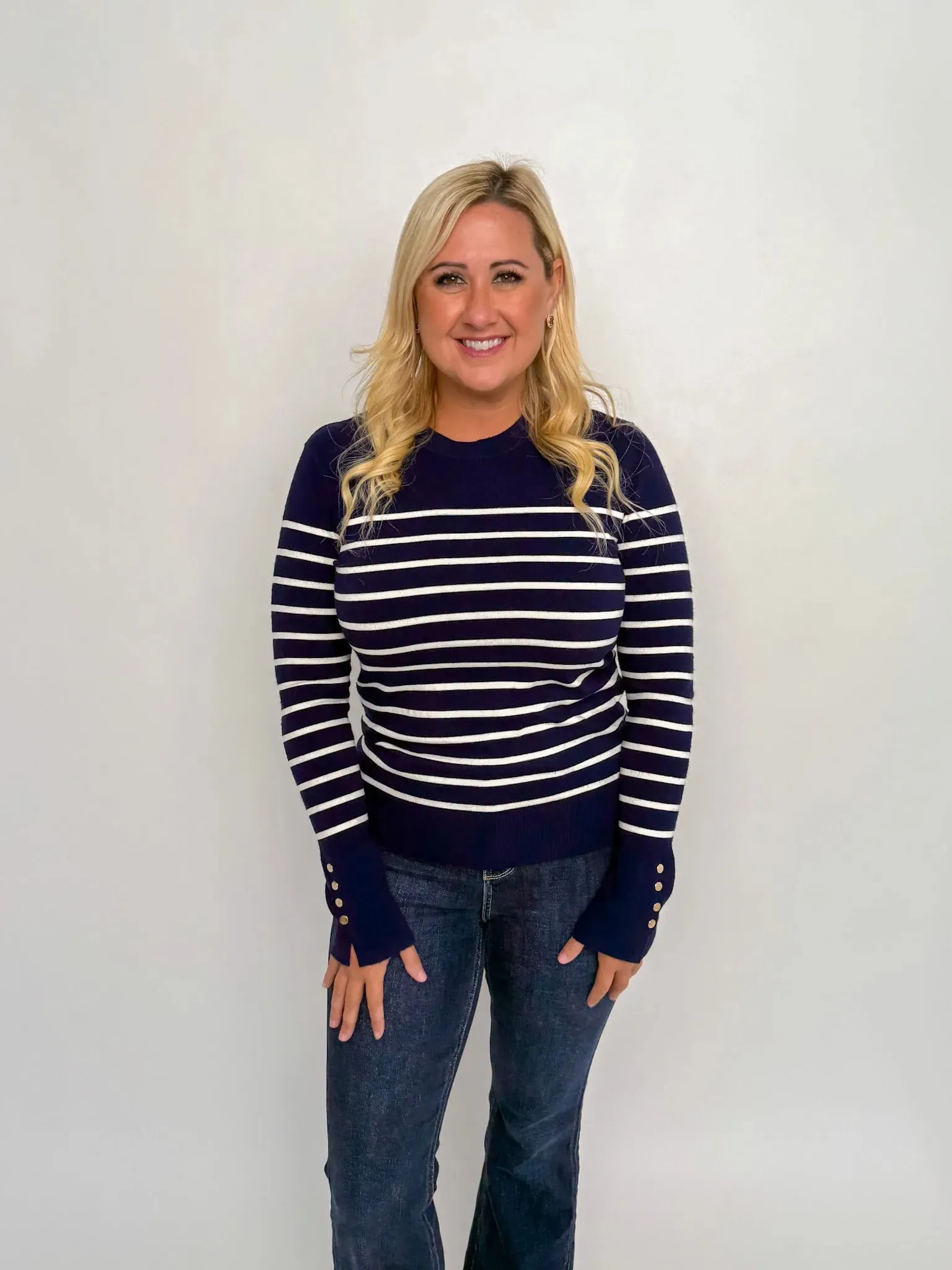 Navy & White Striped Button Cuff Sweater