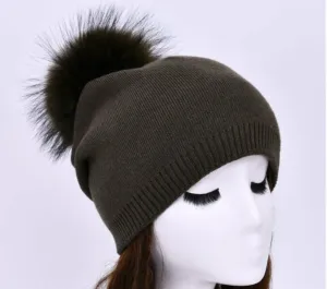 Olive beanie with faux fur pom