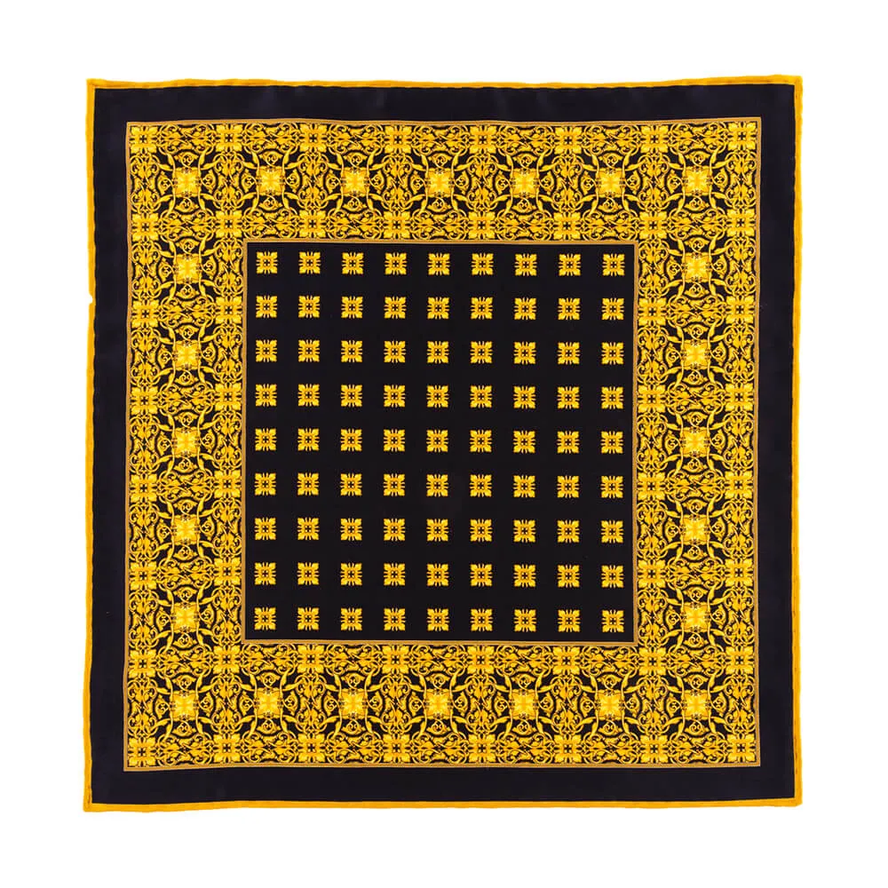 Ornamental Motif Yellow and Black Silk Pocket Square