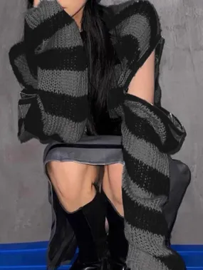 Oversize Removable Sleeves Stripe Knit Sweater