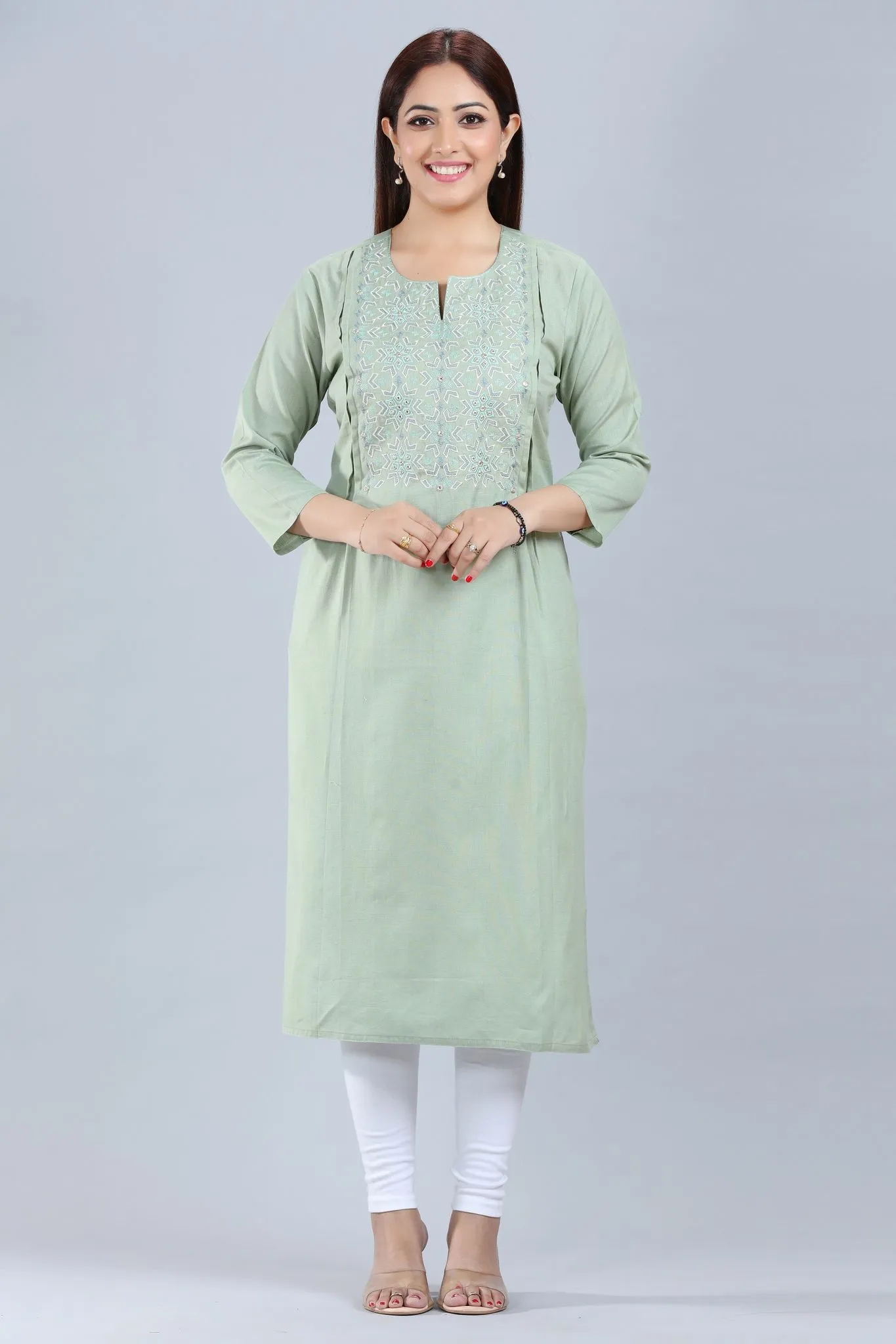 Pastel Green Cotton Straight Embroidered Kurta