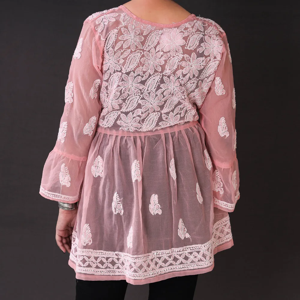 Peach - Chikankari Hand Embroidered Georgette Short Flared Kurta / Top