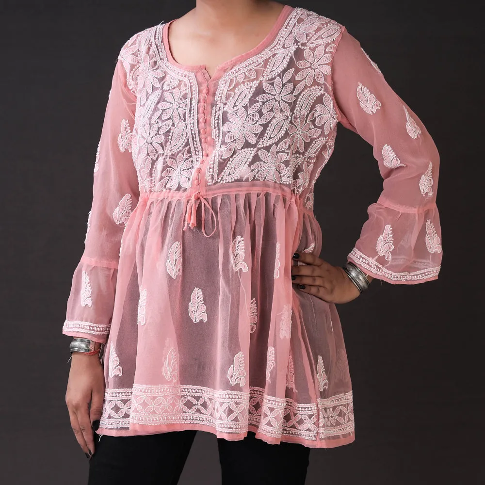 Peach - Chikankari Hand Embroidered Georgette Short Flared Kurta / Top