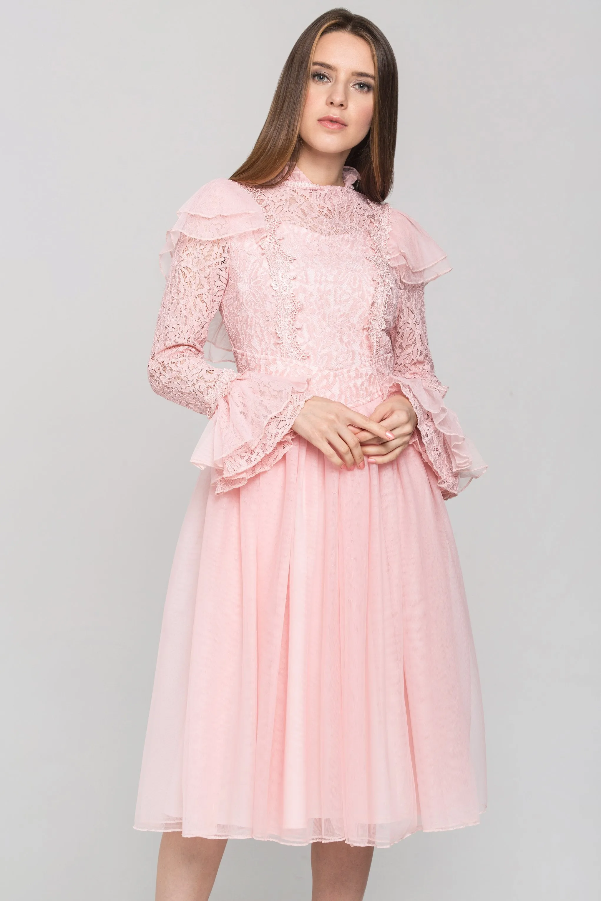 Pink Vintage Ruffle Lace Midi Dress