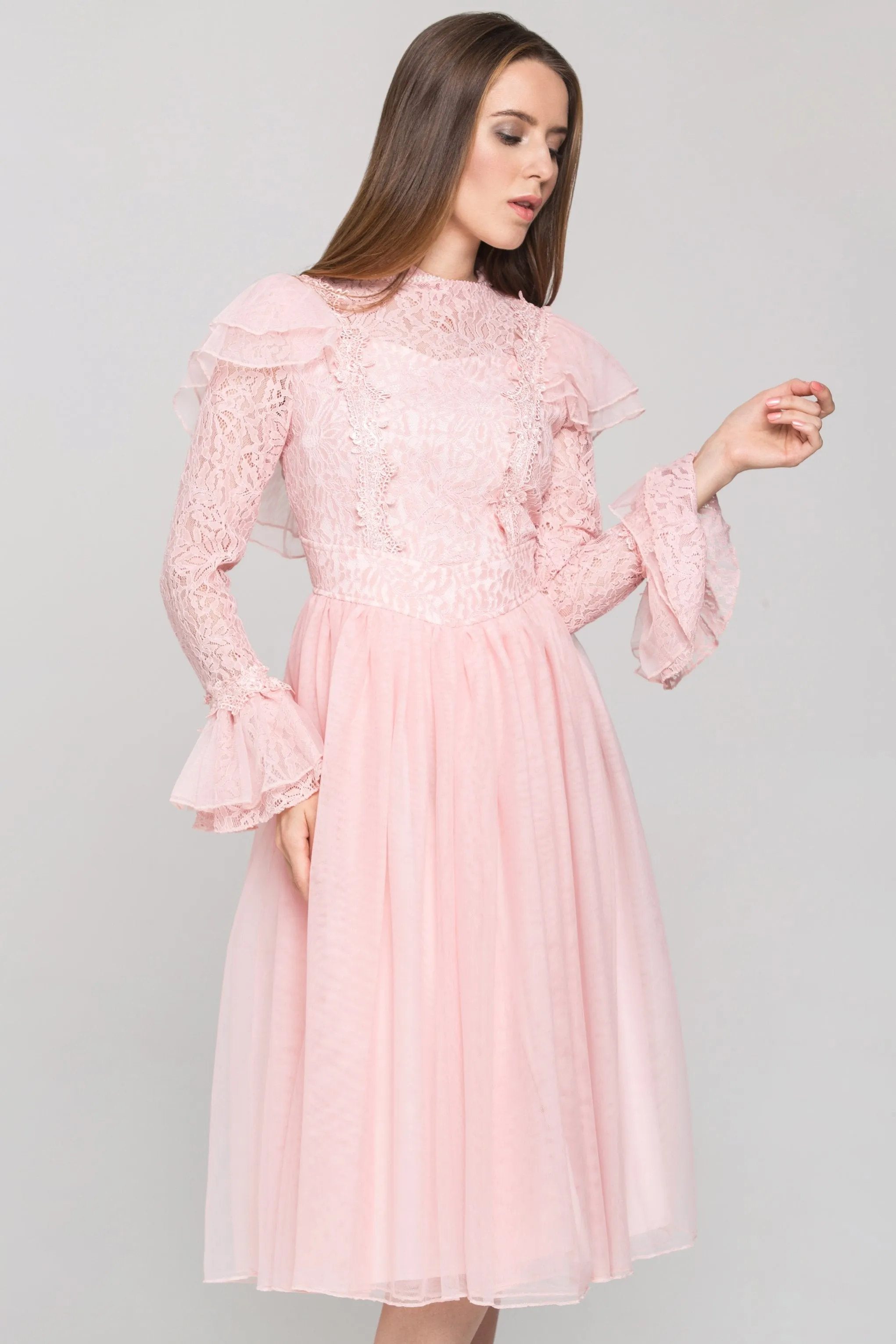 Pink Vintage Ruffle Lace Midi Dress