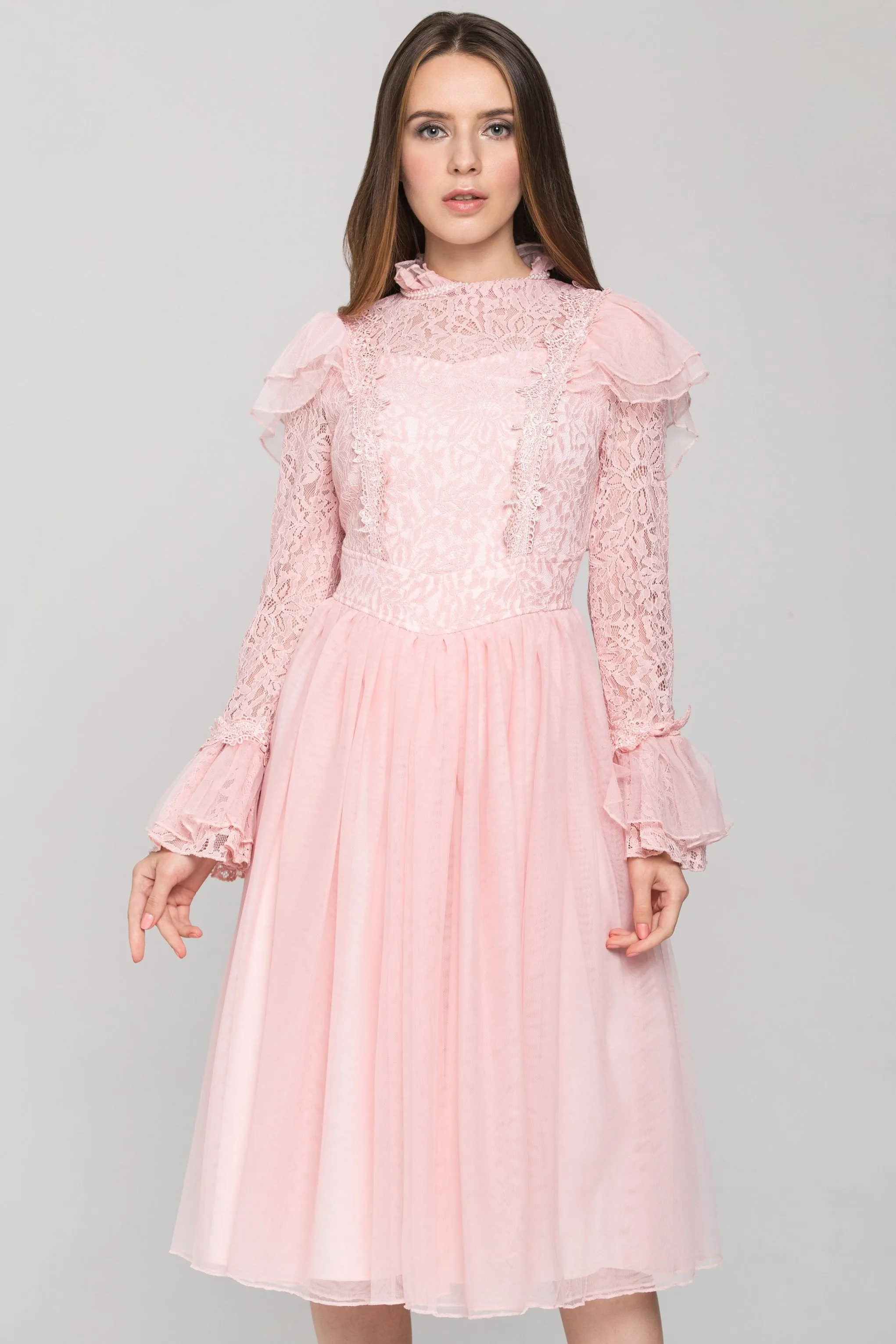 Pink Vintage Ruffle Lace Midi Dress