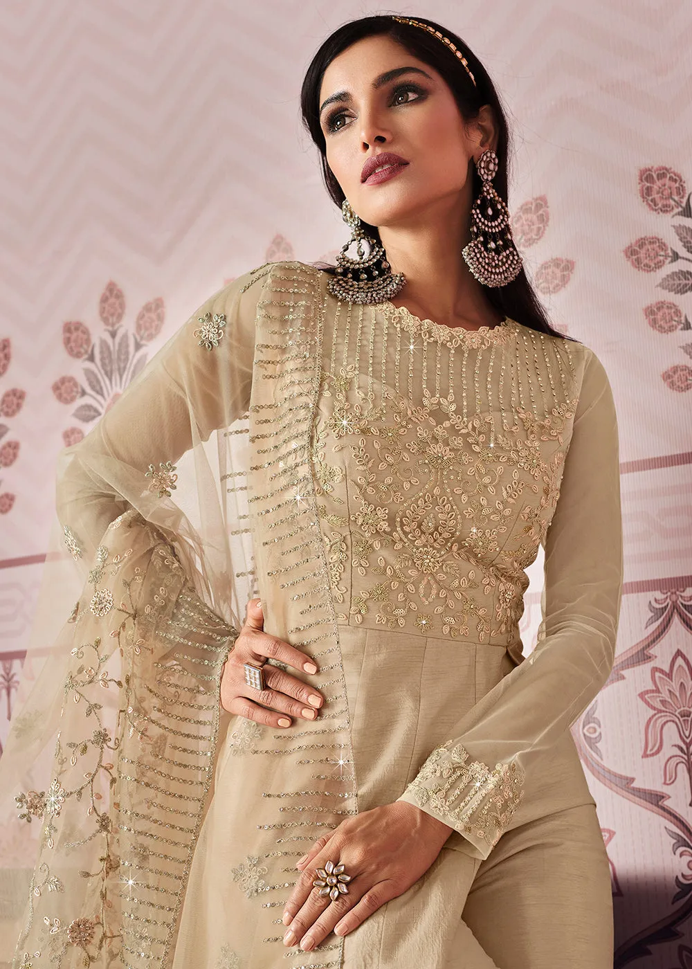 Pretty Beige Art Silk Fabric Indian Embroidered Anarkali Suit