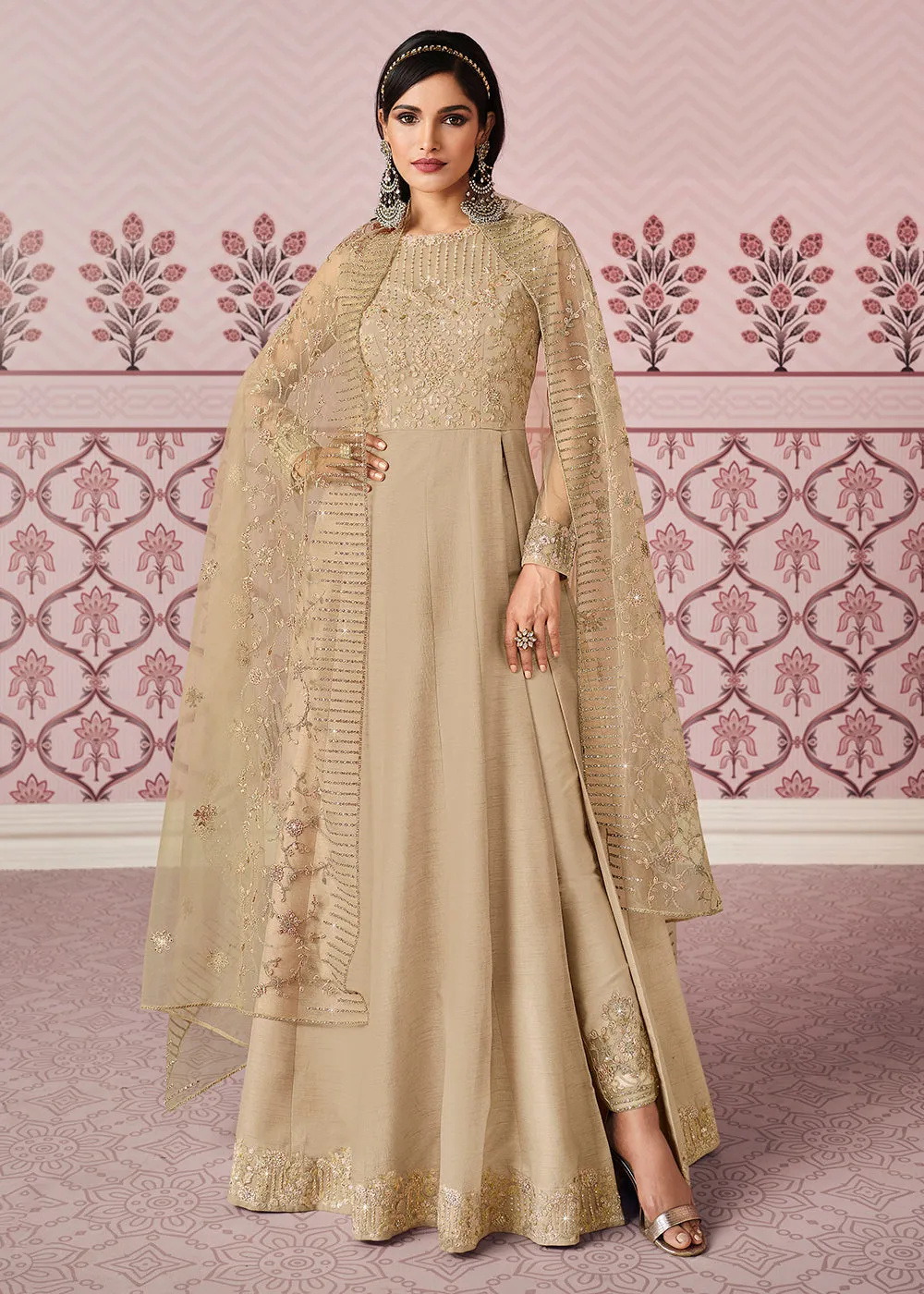 Pretty Beige Art Silk Fabric Indian Embroidered Anarkali Suit