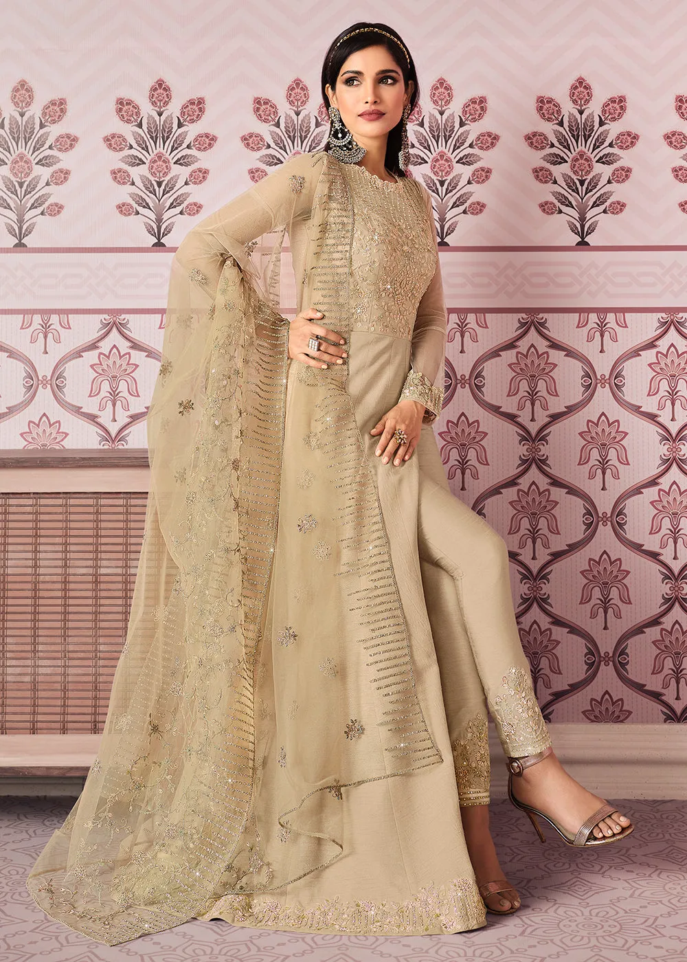 Pretty Beige Art Silk Fabric Indian Embroidered Anarkali Suit