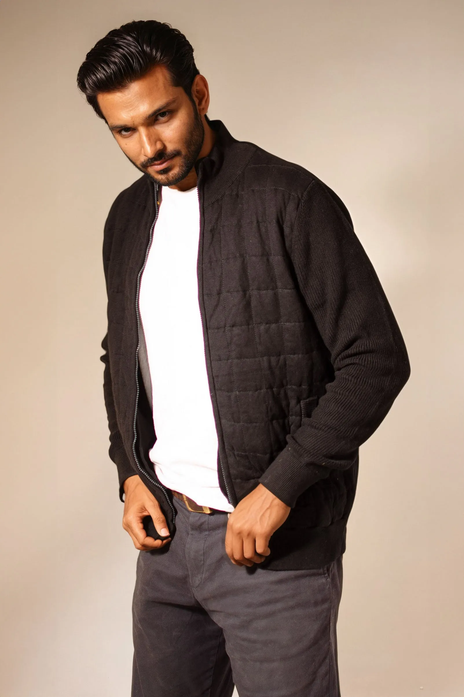 Quilted Front Chunky Knit Bomber Jacket