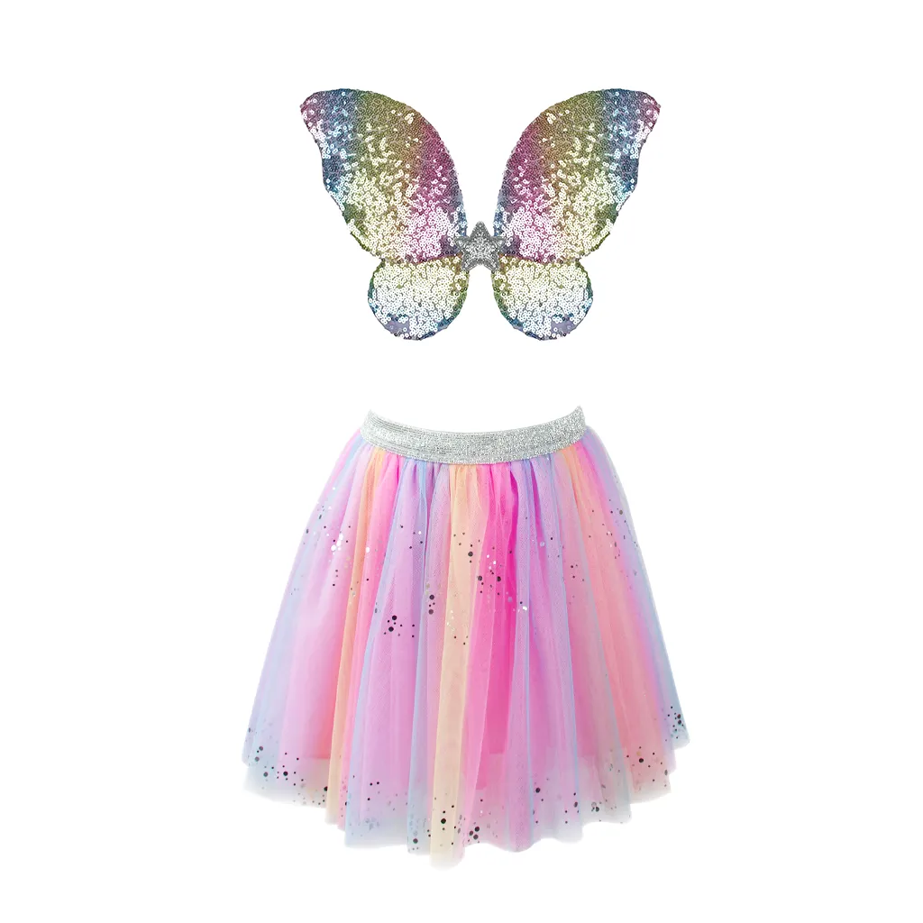 Rainbow Sequins Skirt, Wings and Wand