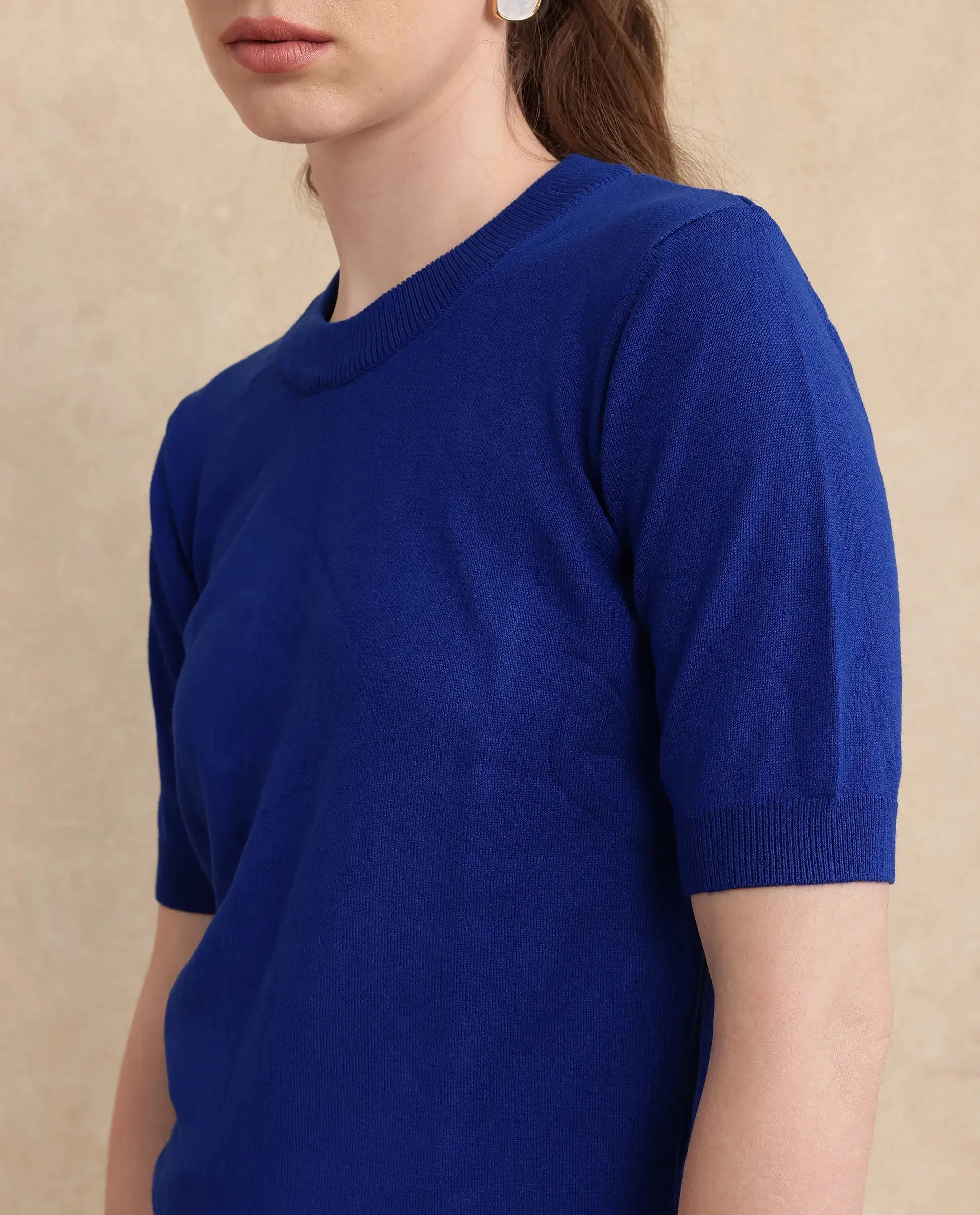 Rareism Women Rohrdo Blue Plain Crew Neck Plain Sweater