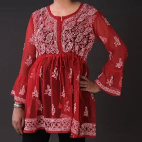 Red - Chikankari Hand Embroidered Georgette Short Flared Kurta / Top