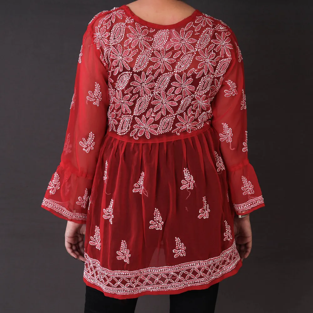 Red - Chikankari Hand Embroidered Georgette Short Flared Kurta / Top