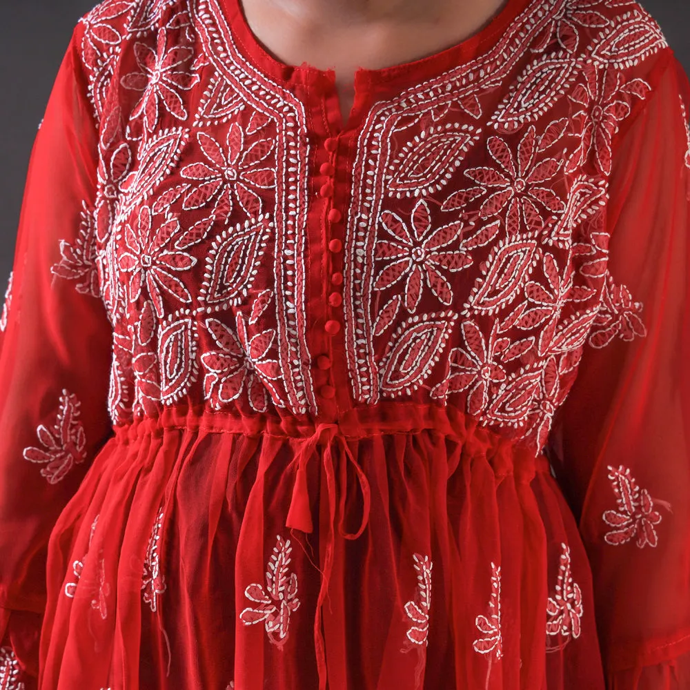 Red - Chikankari Hand Embroidered Georgette Short Flared Kurta / Top