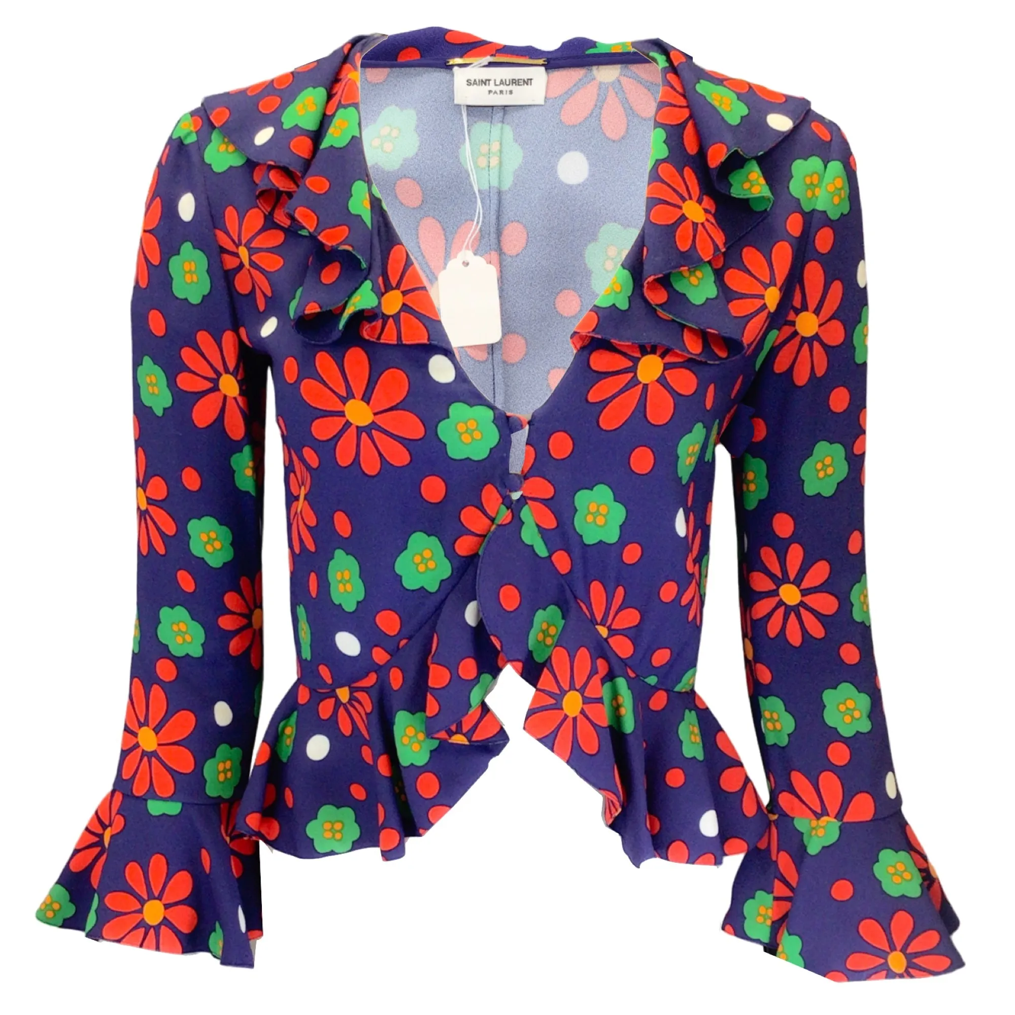 Saint Laurent Blue Rouge Vert Ruffled Floral Printed Crepe Blouse